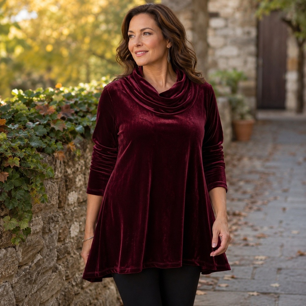 Soft Surroundings Velvet Cowl Neck Tunic‎ Top Burgundy Wine Long Sleeve Large